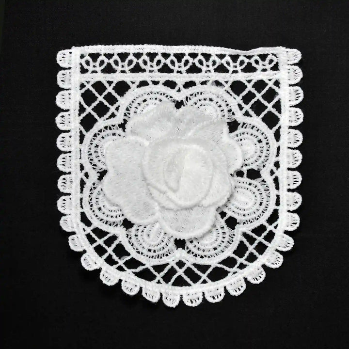 ANI Accessories white rose guipure lace patch in spun poly with raised 3D rose, on black background 