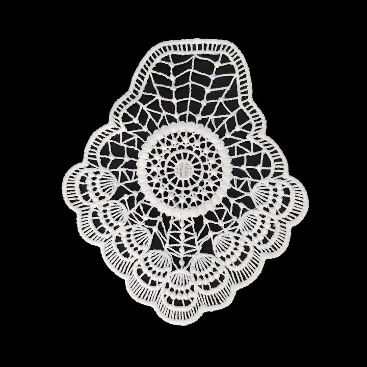 ANI Accessories white sewable patch in spun poly with round medallion and shell scallops, on black background 
