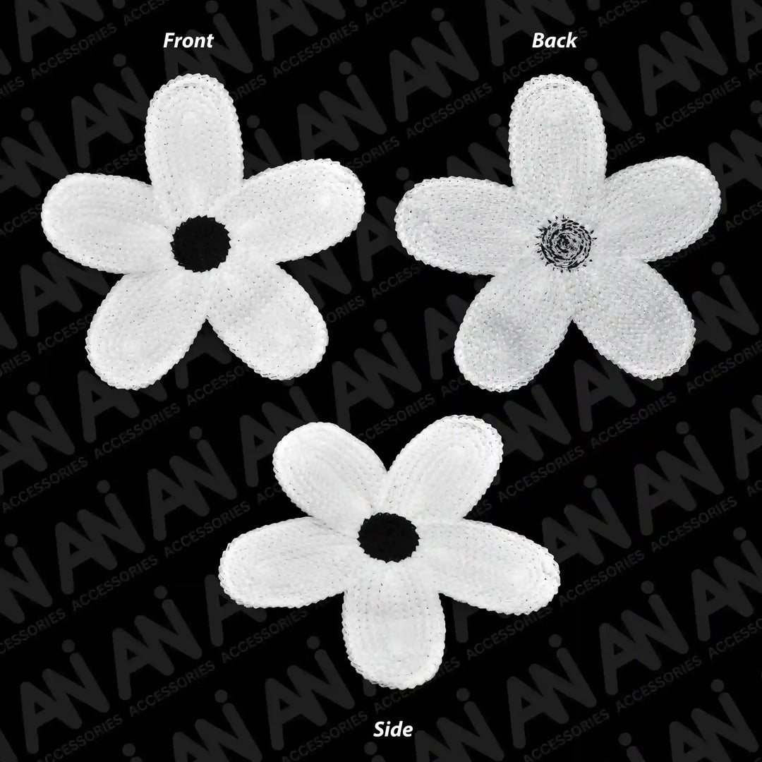 ANI Accessories front, back, and side views of white spun poly daisy patch  