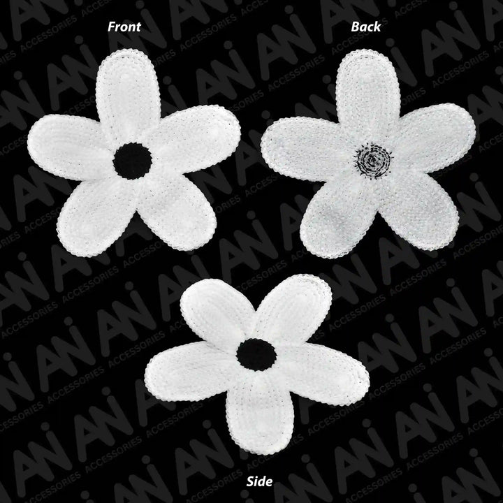 ANI Accessories front, back, and side views of white spun poly daisy patch  