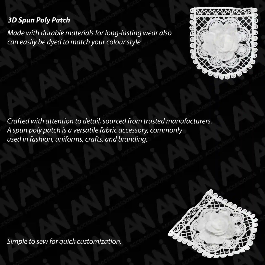 ANI Accessories front, back and side views of white spun poly rose patch 