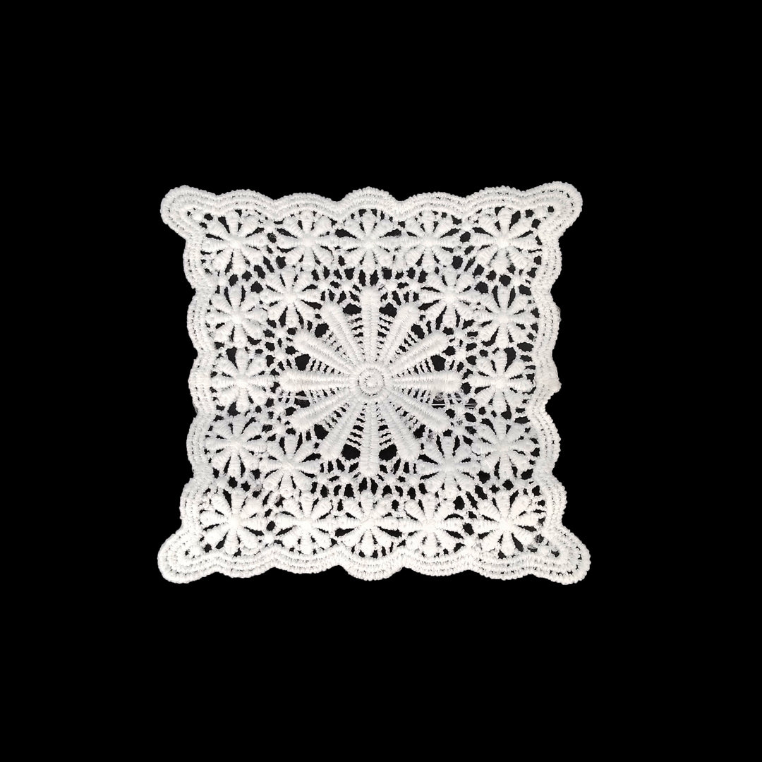 ANI Accessories white square guipure lace patch in spun poly with scalloped edge, on black background 