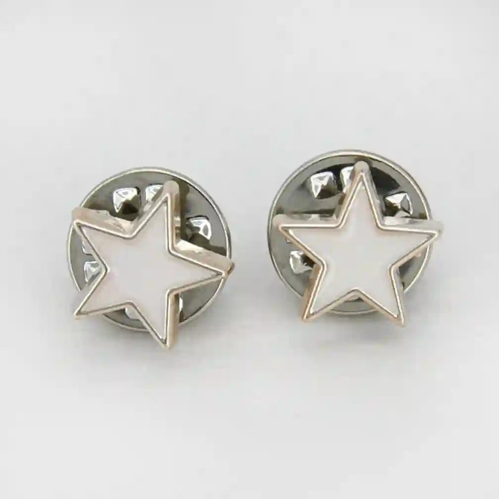 ANI Accessories white star lapel pins with silver outline and butterfly clutch backs, close-up with white color background 