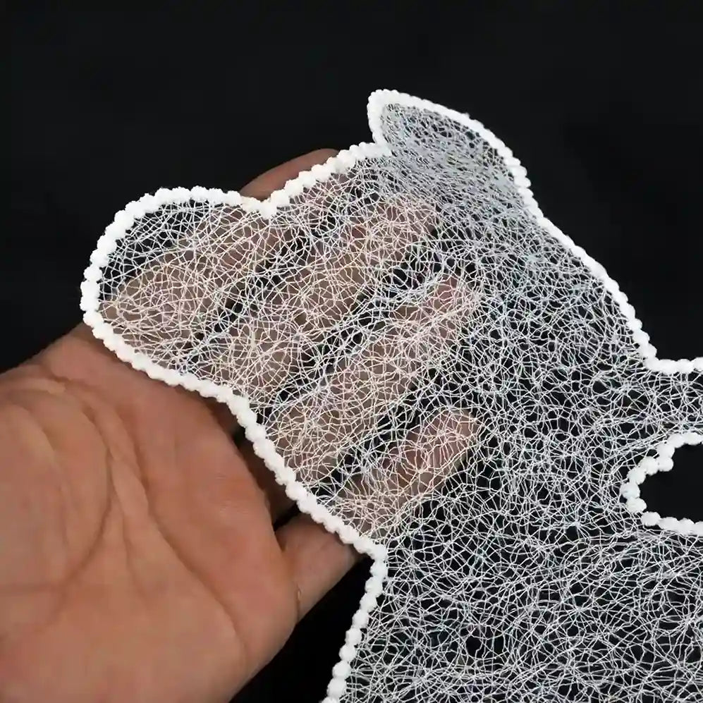 ANI Accessories white teddy patch held over a hand to show its see-through thread work Background 