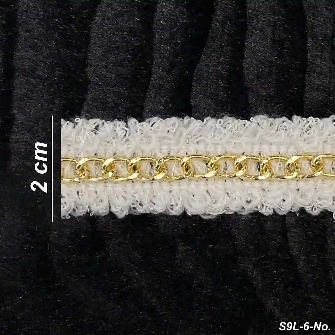 ANI Accessories white tweed trim with gold chain size chart showing 2 cm width 
