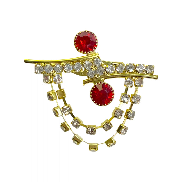 Elegant women's stylish brooches featuring red and clear gemstones in a unique design