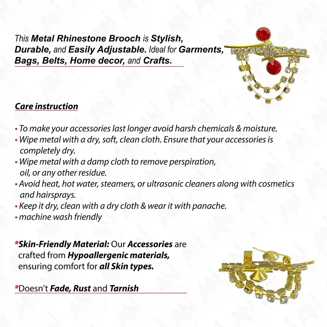 Metal Rhinestone Brooch in Gold with Red Accent, a perfect accessory for women's stylish brooches