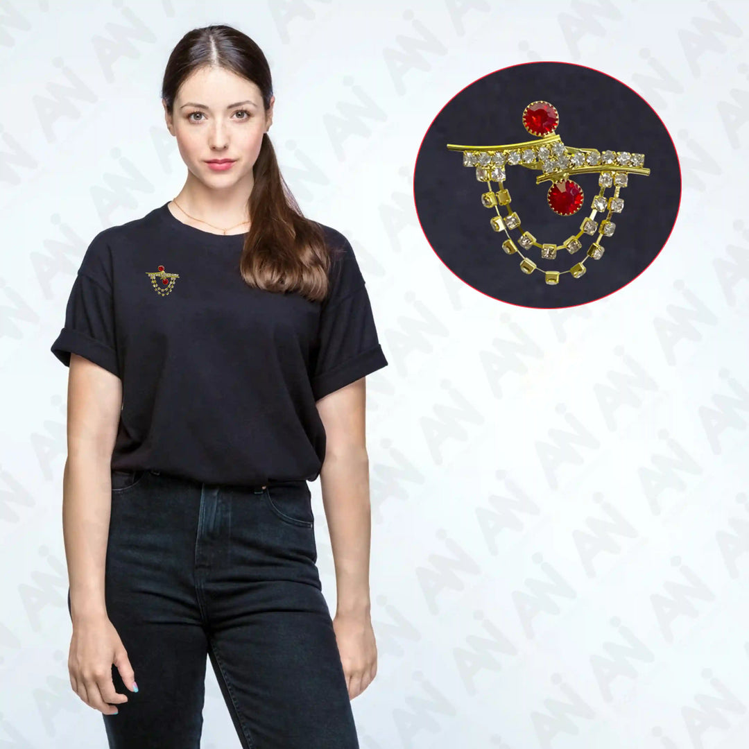 Elegant women's stylish brooches featuring red gemstones and rhinestone accents for a chic accessory look
