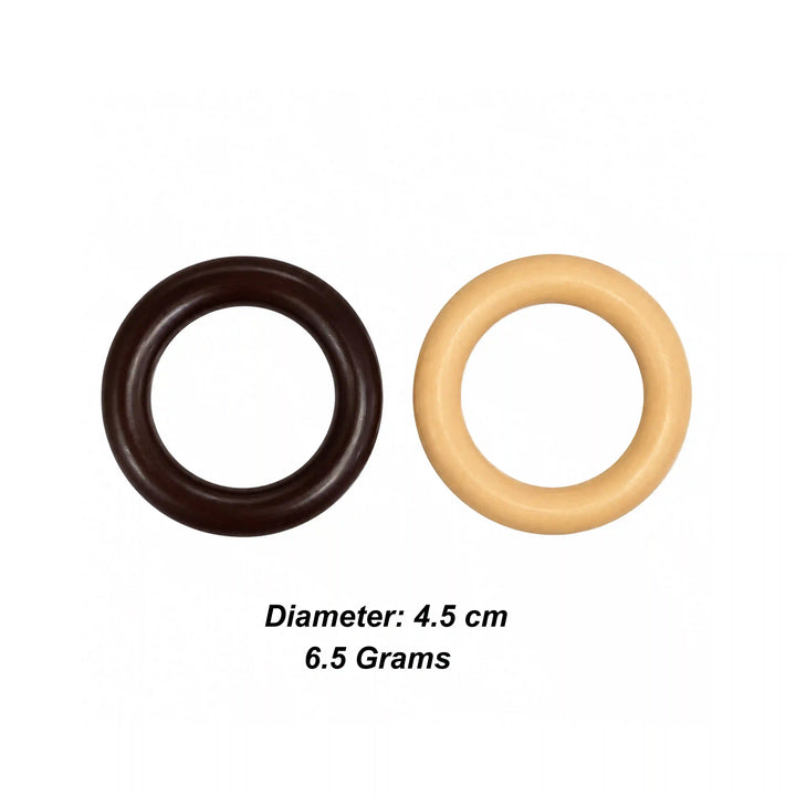 ANI Accessories wooden O-ring buckle size chart: 4.5 cm diameter and 6.5 grams, in walnut brown and natural wood with white color background 