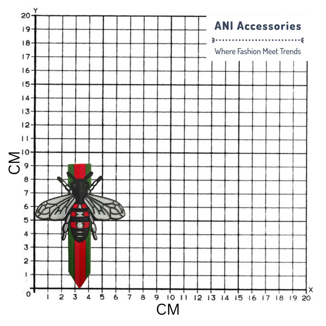 Bee Zardosi-inspired patch by Ani Accessories on size graph, decorative metallic-thread style applique for jackets, bags, and DIY use