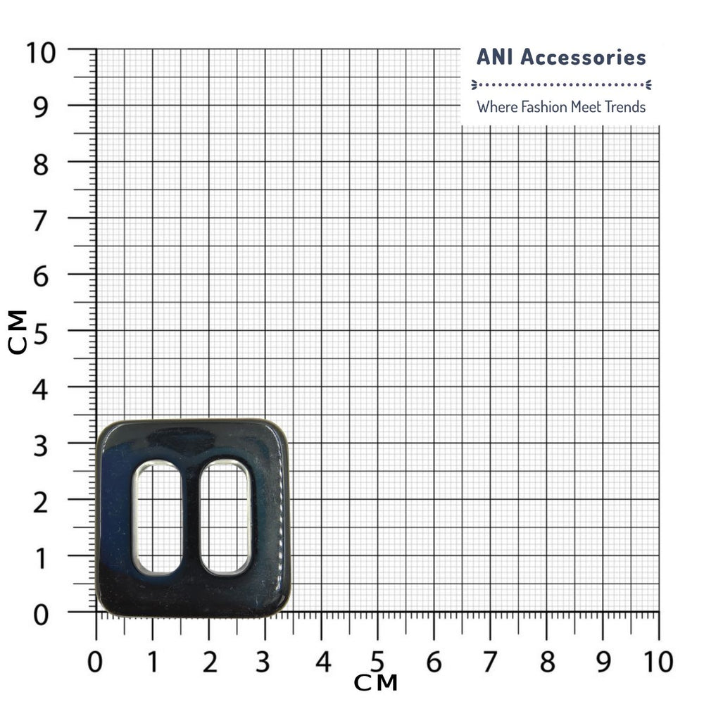 Buy Now Ani Accessories white square-shaped resin sliding buckle with glossed finish placed on size chart graph.