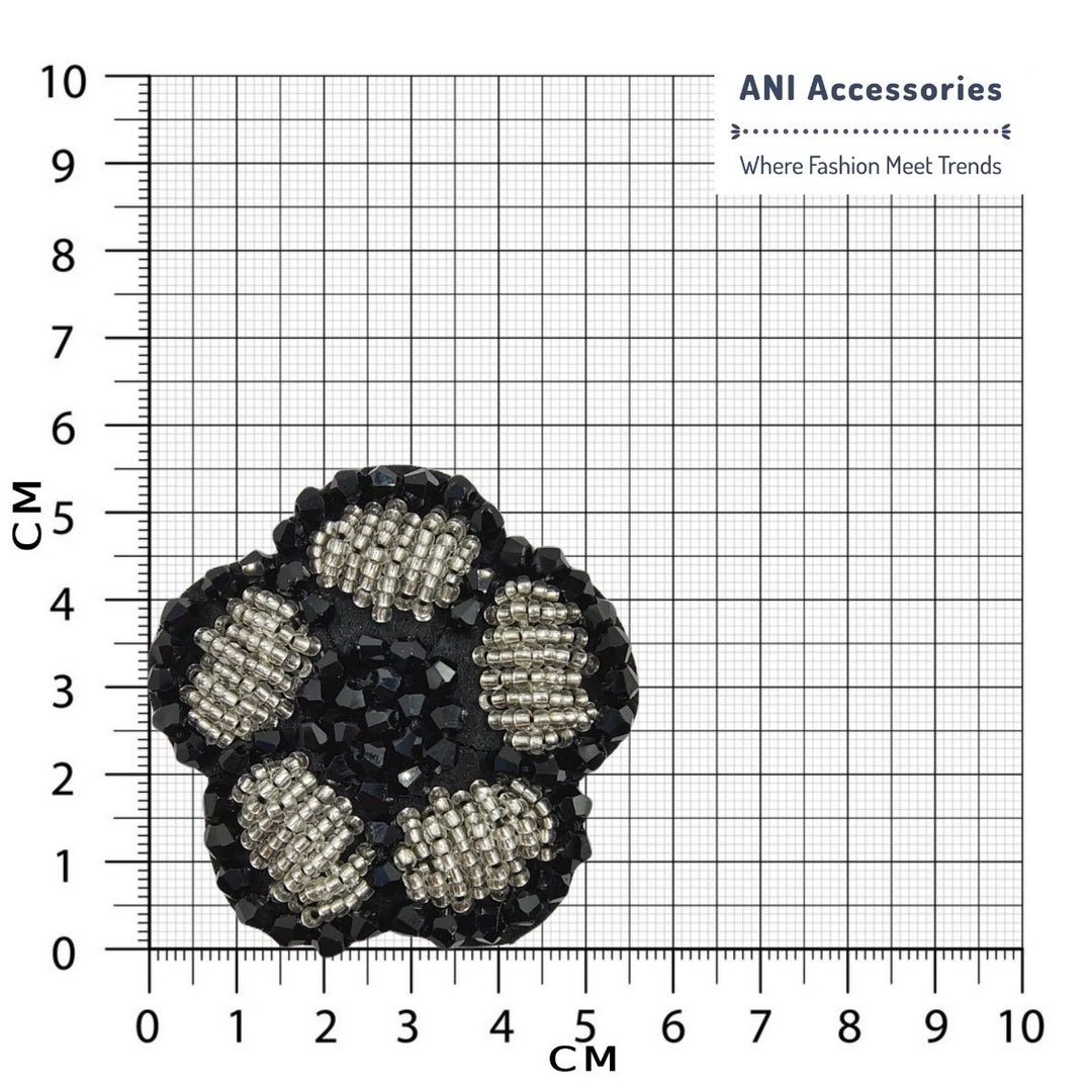 Black & Silver Beaded  Flower Style Sew Patch